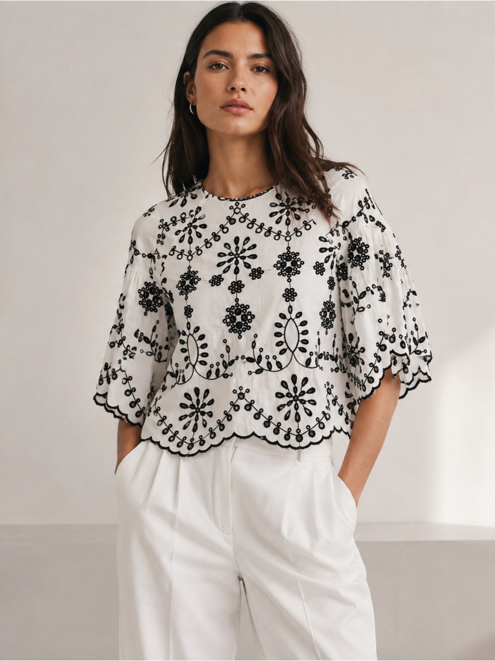Zara White Blouse with Black Embroidered Floral Motif Boho vacation